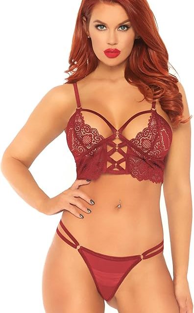 Leg Avenue Women's 2 Pc Lace Bralette and Matching Dual Strap Sheer G-String Panty Set
