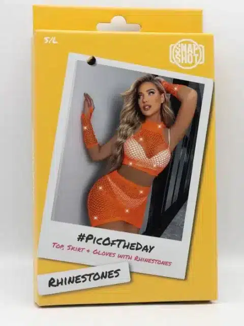 Skirt, Top + Gloves Set with Rhinestones S/L - Orange